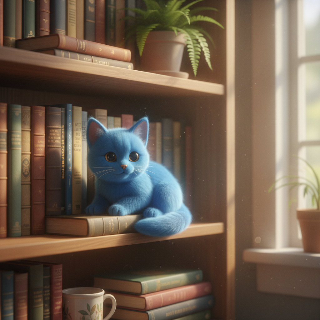 A small blue cat sitting on a bookshelf, soft natural light